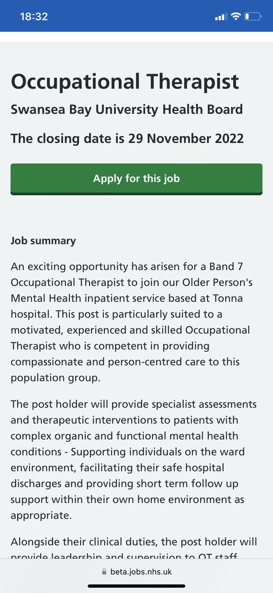🌟A fantastic opportunity for a part time Band 7 Occupational Therapist to come and join us within the Older Person’s Mental Health inpatient service <a href="/SBUHBOT/">SBUHB Occupational Therapists 💚</a>. Please get in touch if interested in working with this fantastic team. Please share widely 🌟

beta.jobs.nhs.uk/candidate/joba…