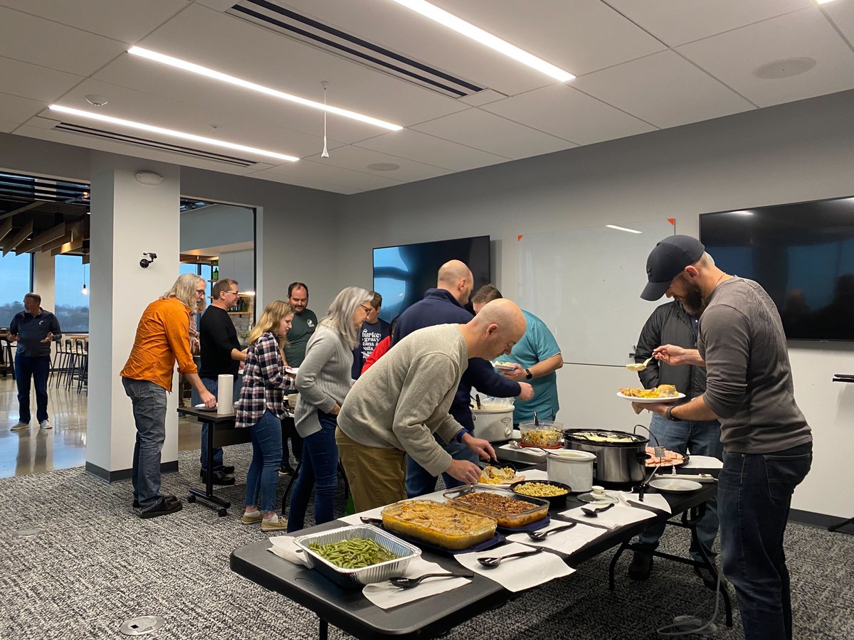 LeadingEDJE's tweet photo. EDJErs brought all the yummies... and their appetites... for #Friendsgiving at our HQ at #BridgePark in #DublinOhio on Tuesday. #BestPlacesToWork #RealFunGeeks #culturematters @dkrum62 @ekrumla @abbyaha @ben___grossman @PaintItSparkles @NedBauerle @blacksavior88 @BradDresbach https://t.co/Ra3QqMf9zP