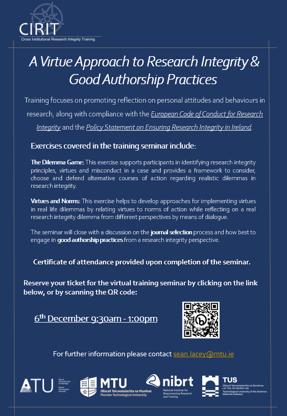 RI_MTU's tweet photo. #CIRIT are back on the #VIRT2UE road with a #ResearchIntegrity training seminar that should have plenty of engaging discussions on the #DilemmaGame, #Virtues, #JournalSelection and #Authorship.
Registration details ⬇️⬇️⬇️
#RIMTU #VIRT2UE @drjenbren @anita_maguire @mulcahyforbes https://t.co/zbp3JKklr8