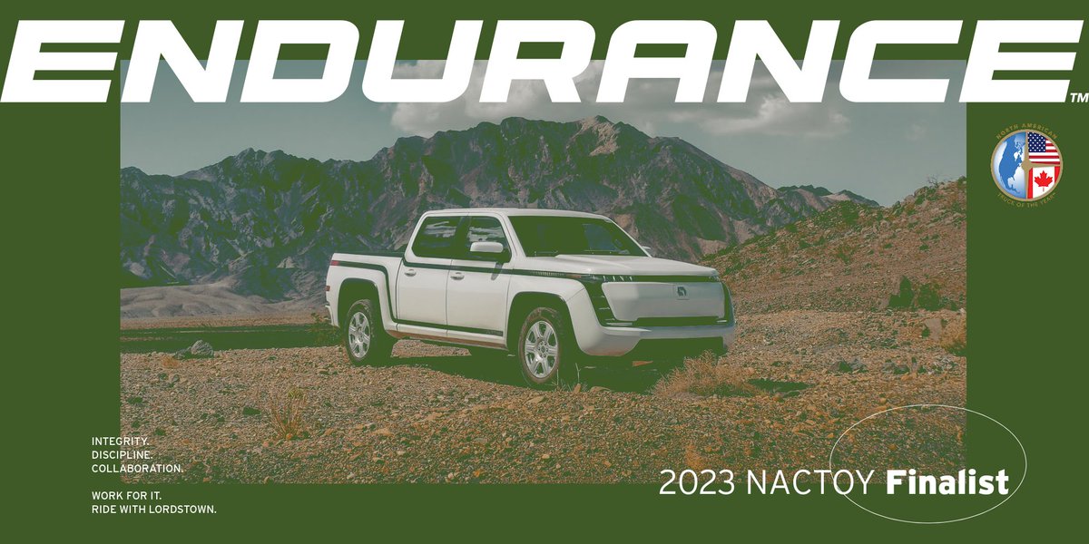 LordstownMotors's tweet photo. We're thrilled to announce that the all-electric Endurance™ has been named a Finalist for the 2023 North American Truck of the Year!

READ: https://t.co/dNhOu1nCl0

#WorkForIt #NACTOY https://t.co/NLwIs644SU