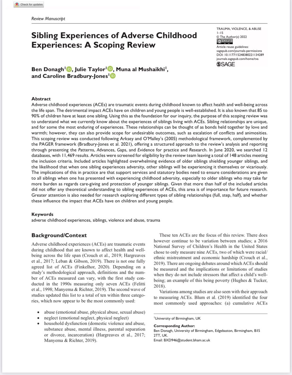 Very pleased to share that our scoping review into #Sibling experiences of Adverse Childhood Experiences has been published and is now available in Trauma, Violence and Abuse. You can access the full article here: journals.sagepub.com/doi/10.1177/15… #ScopingReview