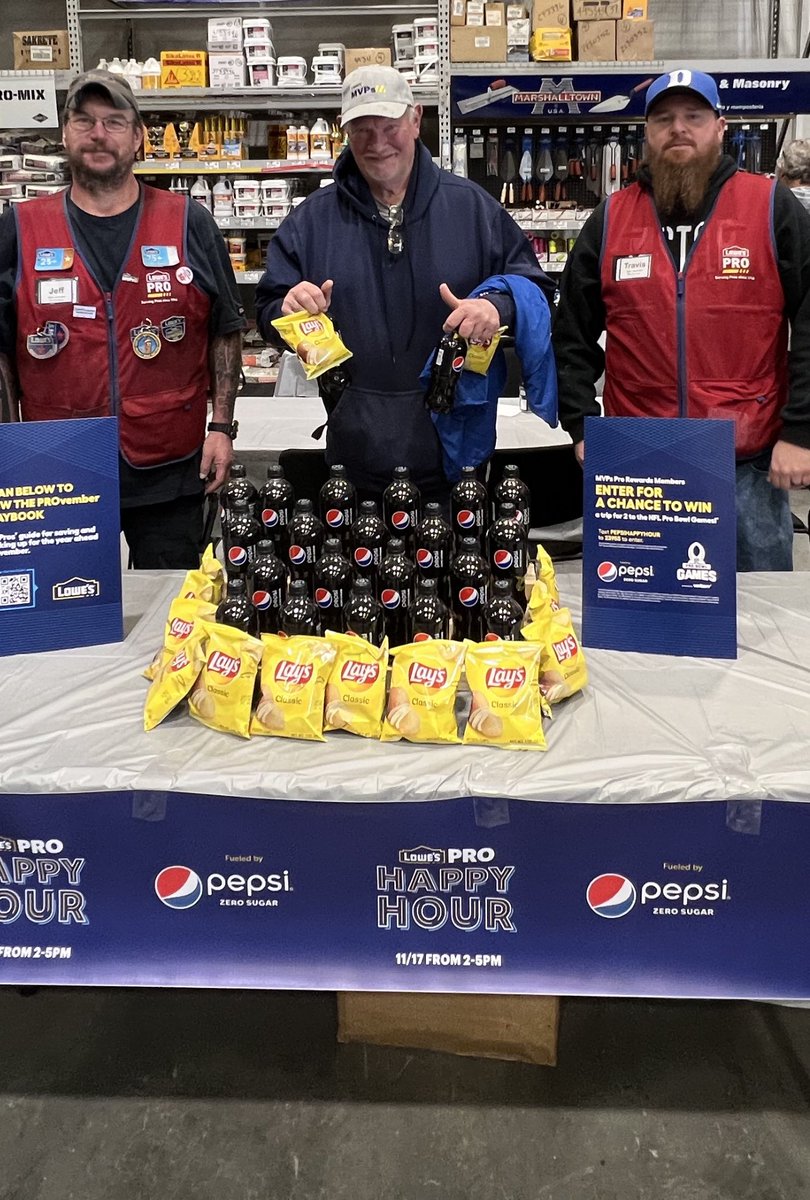 bowtieguy65's tweet photo. It’s Happy Hour from 2-5 at Lowes today, together with our vendor partner @pepsi we invite you to stop in and get an ice cold Pepsi zero and some chips, plus enter to win a chance to go to the NFL Pro Bowl @nmcmillan1369 @BenitoKomadina @zsanitta @Lowes1528 @xen_arely #Provember https://t.co/am5LvNH4PQ