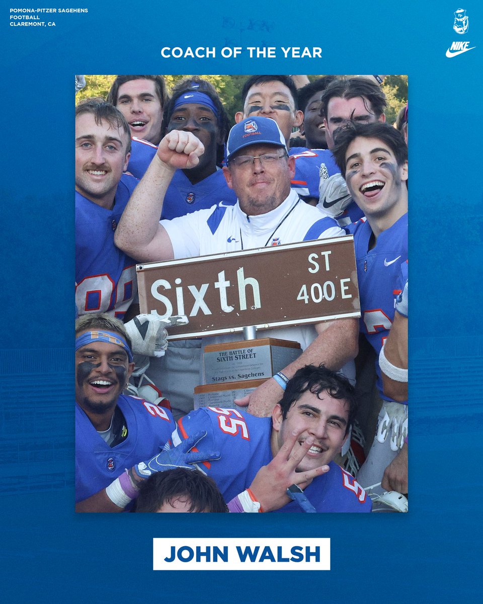 Sagehens's tweet photo. With the program’s first ever SCIAC Championship and an 8-2 record, head coach John Walsh is your SCIAC Coach of the Year! #GoSagehens #SagehensFB https://t.co/kSPAyM4uUo