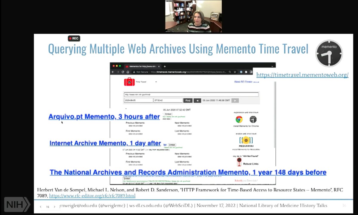 shawnmjones's tweet photo. #NLMHistTalk @weiglemc notes the importance of the Memento Protocol for querying multiple webarchives. #webarchiving
See:
* RFC 7089: https://t.co/5QfIMTgrwt
* "Interoperability for Accessing Versions of Web Resources with the Memento Protocol" https://t.co/kfFx3fKYv6 https://t.co/ul6WYAvtwi