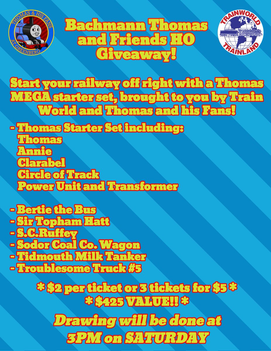ThomasAndFans's tweet photo. Another surprise with just over a week left!

We'll be doing a raffle giveaway at the show! Win a Mega Bachmann Thomas Prize Pack brought you in by @Trainworld and the Thomas and His Friends Staff!!!

The information is below! Thank you Train World for teaming up with us! https://t.co/0FlTIJoEgP