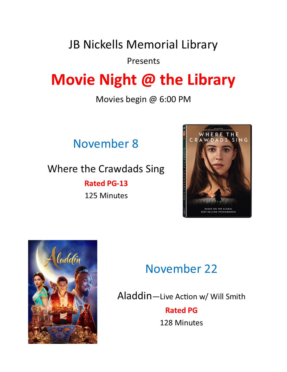 ImaLulingReader's tweet image. Movie Nights @ the Library have begun! If you missed the first one, the live action Aladdin will be showing on Nov 22 at 6:00 PM! Bring the kids and settle in for an entertaining evening! #aladdinmovie #kidsmovies #librarymovienight #luling