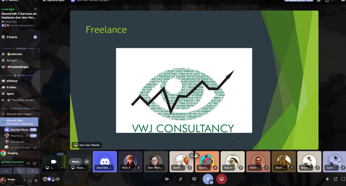 NickBulen's tweet photo. Today in the Discord talk, Jens van Werde talked about his journey to become a freelancer, what a freelancer is and what he does. Thank you for the talk #Thomasmore #ITFactory https://t.co/zmdgOZaR5G