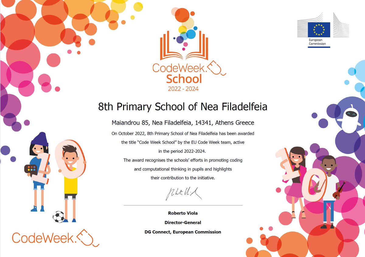 SkiadaStavroula's tweet image. The 8th Primary School of Nea Filadelfeia was awarded with the  "EU Code Week School Label"  for the period 2022-2024!
A big thank you 🙏to all my students for helping me promote programming 💻 and coding 🤖 to our school!
Thank you #EuropeCodeWeek for this honor!
 #codeweek