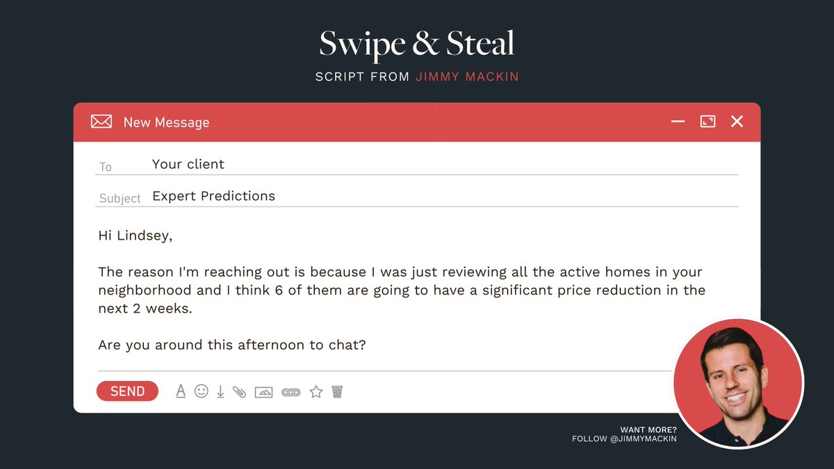 CuraytorSystems's tweet image. If @JimmyMackin were a real estate agent, here&apos;s a script he&apos;d send out RIGHT NOW to prospect new customers.

Why? 🤔 Because it demonstrates your expert knowledge of the local market which is something consumers deeply care about.

#realestate #realestatemarketing #emailscript