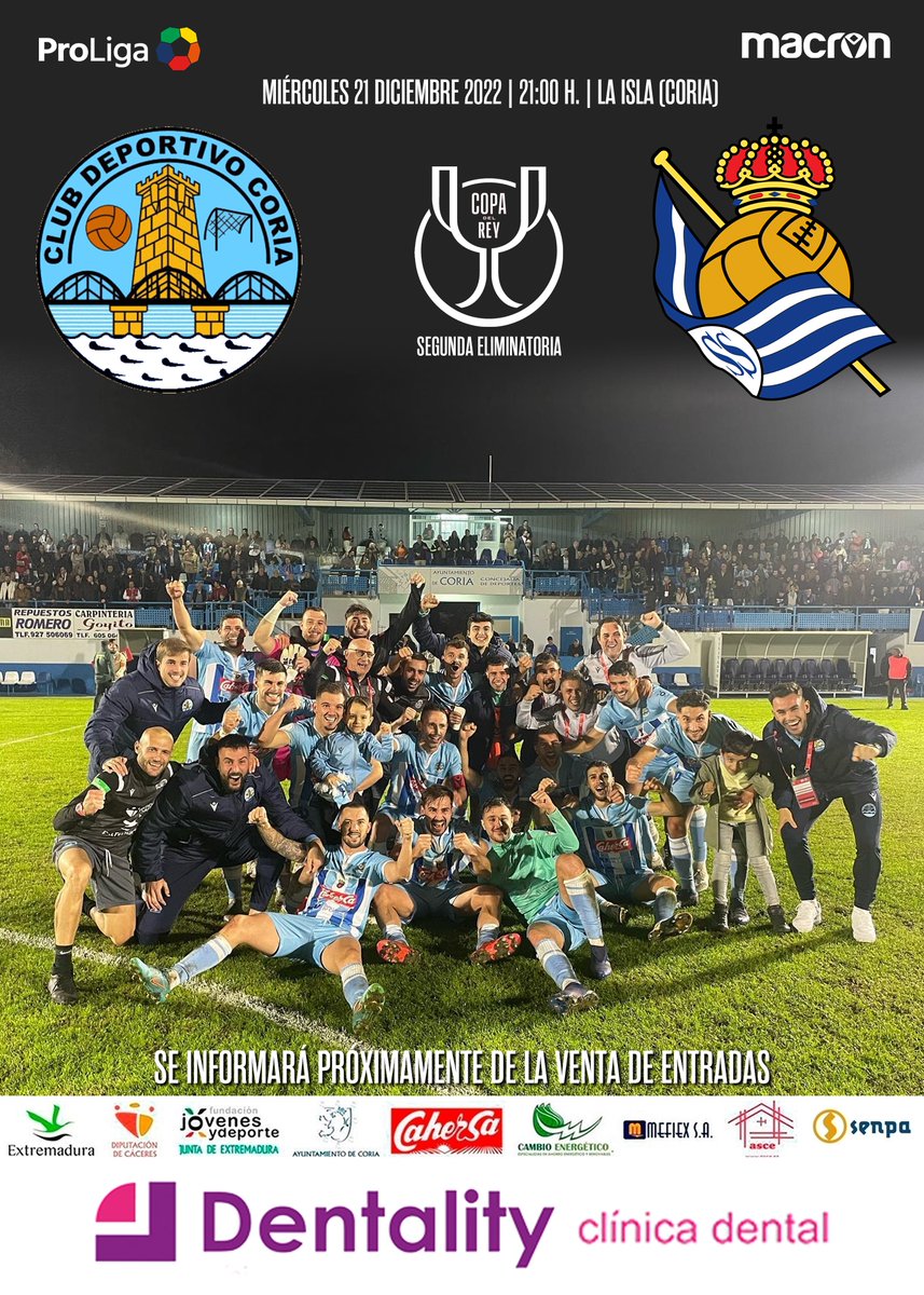 ⏰ ¡HORARIO CONFIRMADO PARA EL PARTIDO DE COPA DEL REY CONTRA LA REAL SOCIEDAD!

🗓️ Miércoles 21/12/2022
🕘 21:00 h.
🏟️ #LaIslaUnFortín 

🎟️ Se informará próximamente de la venta de entradas.

💙 <a href="/CDCORIA/">Club Deportivo Coria</a> 🆚 <a href="/RealSociedad/">Real Sociedad Fútbol</a> 🖤
🏆 Segunda Eliminatoria #CopadelRey

📲 #NosVamosdeCOPA