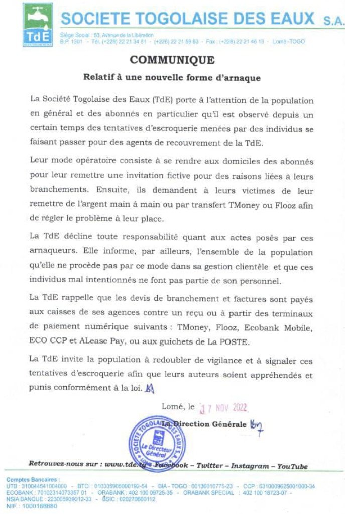 laTdE_SA's tweet photo. Attention à l' #Arnaque 
#eau
#TdE
@eau_tg @laTdE_SA @SPEAU2 @TogoOfficiel @CellulePR @TogoTwittos @DAGL_TG @TBN228 @GapolaTogo @EconomisteTogo @republicoftogo https://t.co/vwEo0ArRaE