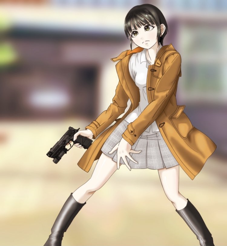 1girl gun weapon solo boots handgun black hair  illustration images