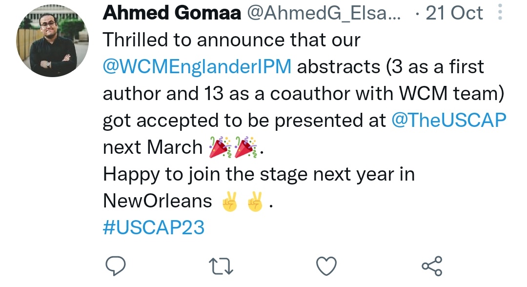 Ahmed Gomaa (@ahmedg_elsaeed) on Twitter photo Very honored to have one abstract selected for a platform presentation and the other 2 as posters at <a href="/TheUSCAP/">USCAP</a>. So grateful for WCM team support <a href="/WCMCPathology/">Weill Cornell Medicine Pathology</a> <a href="/WCMEnglanderIPM/">WCM Englander Institute for Precision Medicine</a>.
I will be joining the actual stage for real 🎊🎊.
#USCAP23 Very honored to have one abstract selected for a platform presentation and the other 2 as posters at <a href="/TheUSCAP/">USCAP</a>. So grateful for WCM team support <a href="/WCMCPathology/">Weill Cornell Medicine Pathology</a> <a href="/WCMEnglanderIPM/">WCM Englander Institute for Precision Medicine</a>.
I will be joining the actual stage for real 🎊🎊.
#USCAP23