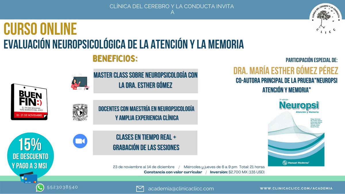 clicc_clinica's tweet image. Clínica del Cerebro y la Conducta te invita al curso ONLINE:
&quot;Evaluación neuropsicológica de la atención y la memoria&quot;.
#AumentarTuPotencialEsNuestroTrabajo #CursosOnline #cursos2022 #neuropsicología #EvaluaciónNeuropsicológica #Atención #memoria