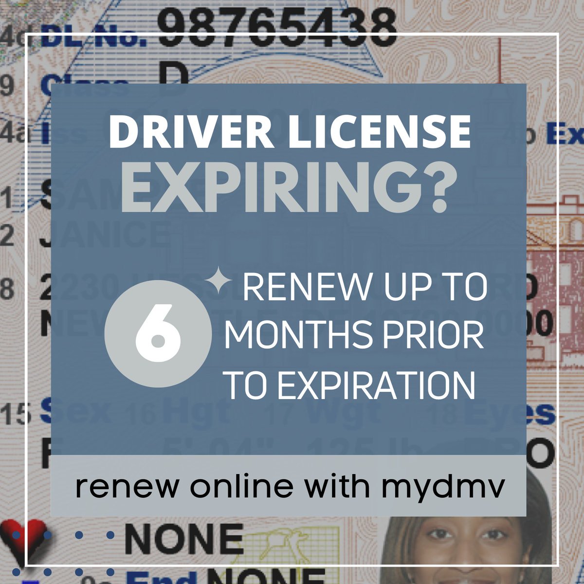 DelawareDMV's tweet photo. Did you know you have up to 6๏ธโฃ months before your license expires to renew? Come in early & we'll help check it off your "to do" list OR renew online with your myDMV account. https://t.co/YEdVAm9sKD #myDMV #MoreWaystoDMV #ConvenienceisKey ๐ https://t.co/0jklKxyuIP