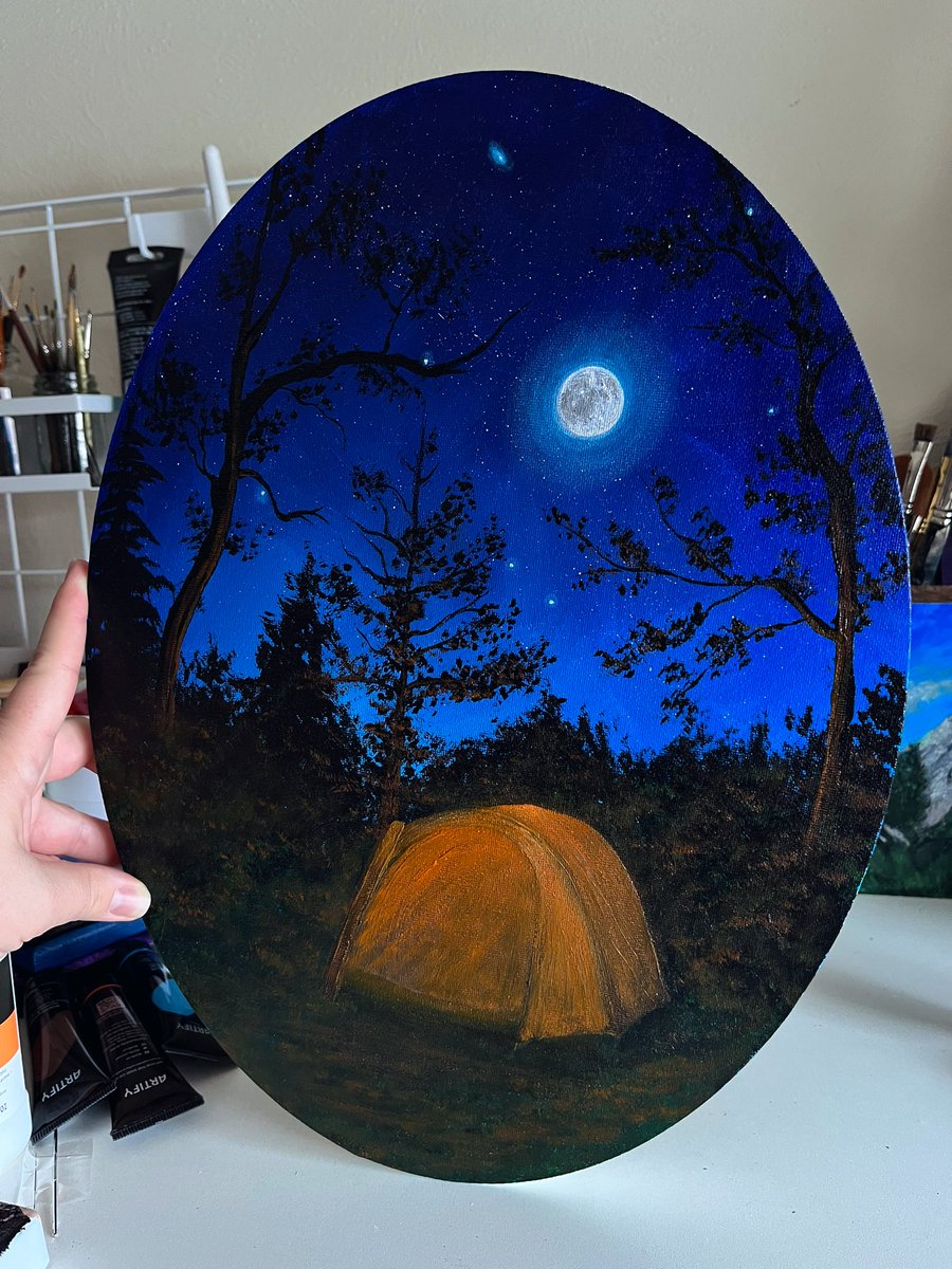 Inspired by a camping trip from this past summer. Andromeda and a full moon. The glow of our lantern inside the tent. The surrounding trees framing the night sky in such a perfect way. 
Almost done capturing this magical night.
#sciart #astroart #camping #ArtistOnTwitter