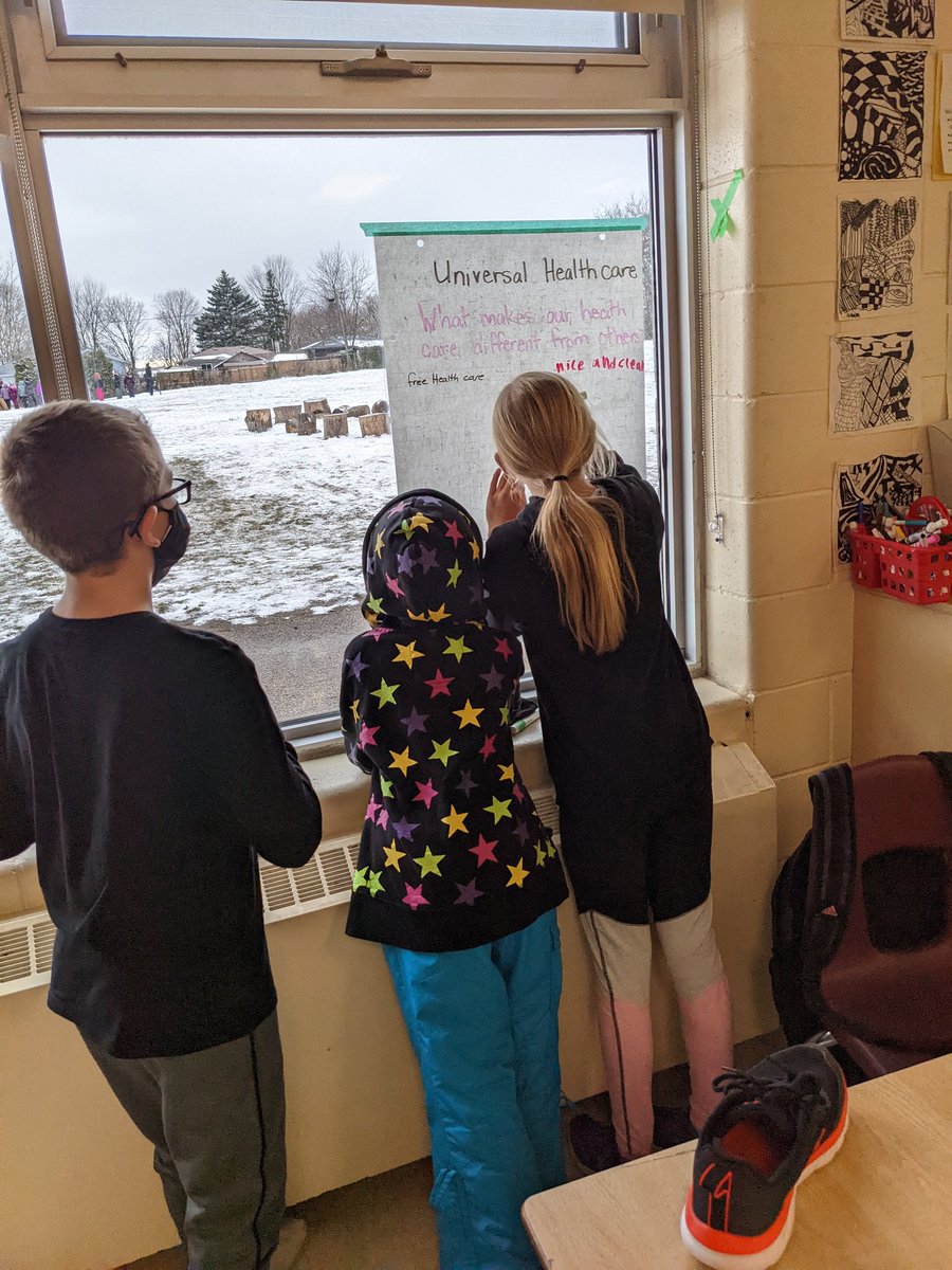 Using our vertical whiteboards to brainstorm new concepts being learned in our social studies unit! @OrchardParkPS Thanks to our student teacher Miss K for taking the lead!