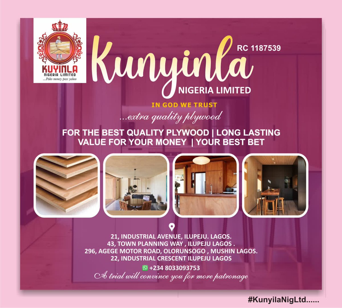 AfeesAdetona's tweet photo. For the best quality Plywood 

Long lasting 

Value for your money 

Kunyinla Nigeria limited is your best bet 

#KUNYINLANIGLTD
#KUNYINLANIGLTD
#KUNYINLANIGLTD
#Chinesepolicestations
#GOAT
BiafraExit
#QATAR https://t.co/grR63kxSAC