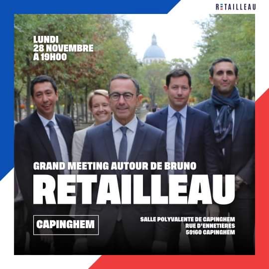 NordRetailleau's tweet photo. ✅ Venez nombreux rencontrer @BrunoRetailleau et ses soutiens à #Capinghem le lundi 28 novembre prochain pour un grand meeting régional ! 

➡️ N'hésitez pas à partager cette invitation !

@DAUBRESSE_MP @fxbellamy @othmannasrou @JulienAubert84 https://t.co/uMzkzeyUFe