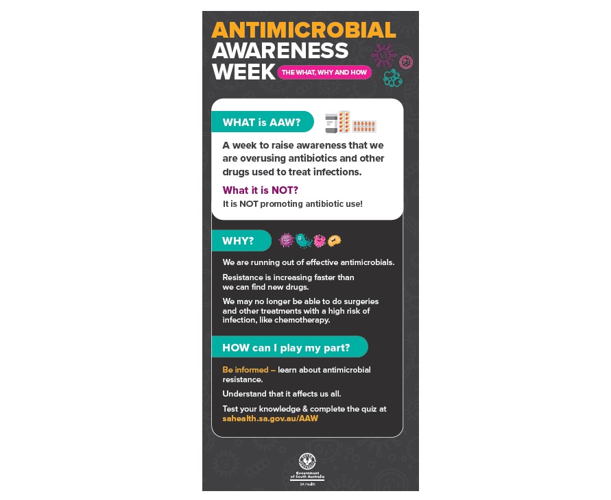 Nov 18-24 is World Antimicrobial Awareness Week!
 
Why should we care? 

Increasing antimicrobial resistance is making antibiotics, antifungal &amp; other anti-infective medicines less effective. 

Test your knowledge on #AMR with our quizzes: sahealth.sa.gov.au/AAW 
#WAAW