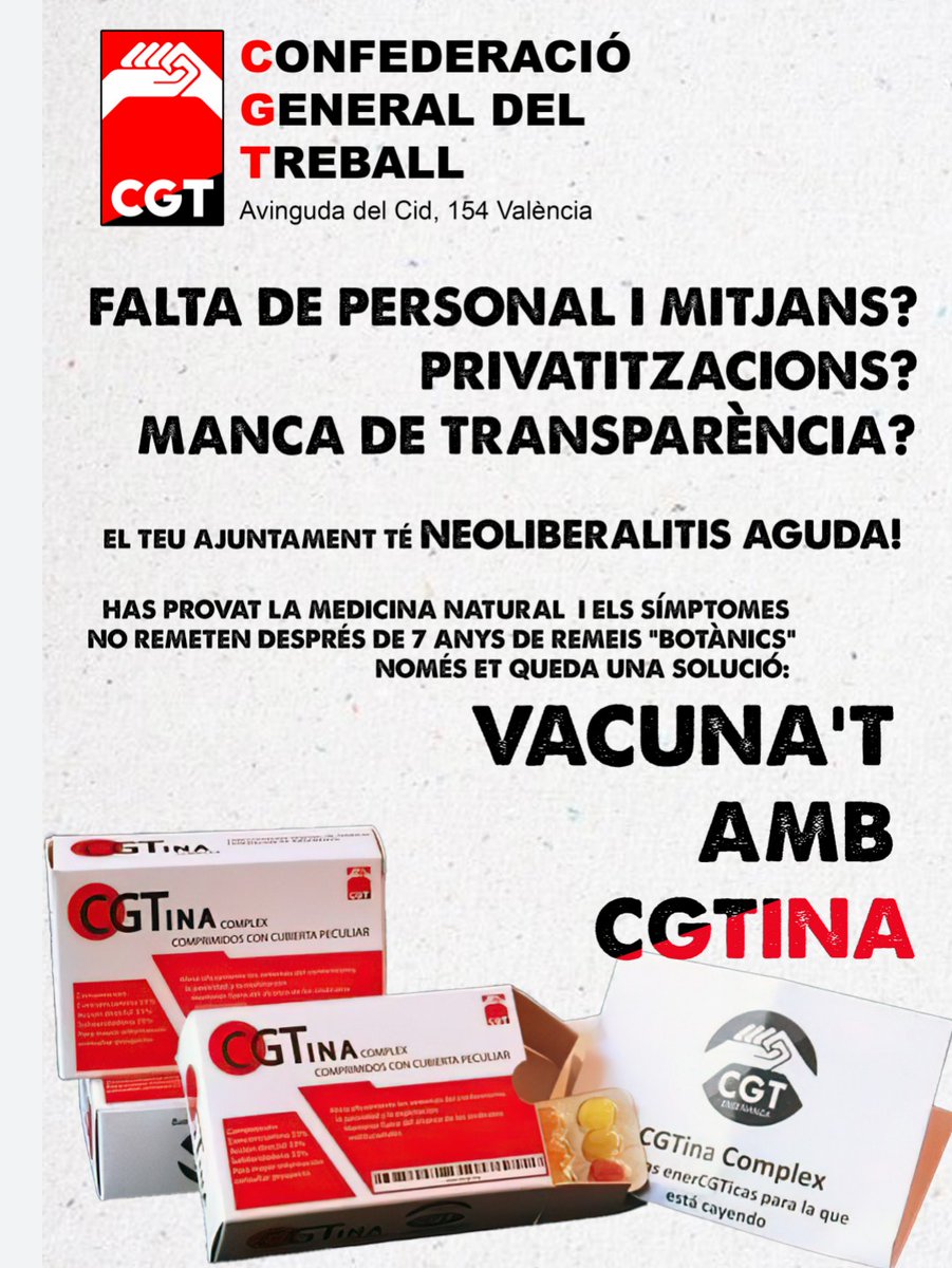 cgt_aj_valencia's tweet photo. Si treballes a @AjuntamentVLC i tens clar el diagnòstic, Ja saps la solució. Vota el proper 24 de novembre a la @cgt_aj_valencia i posarem entre totes el remei adequat. Prou de promeses incomplides, #acciosindical #acciodirecta #VOTACGT #REVOLTA https://t.co/s7aetVffUI
