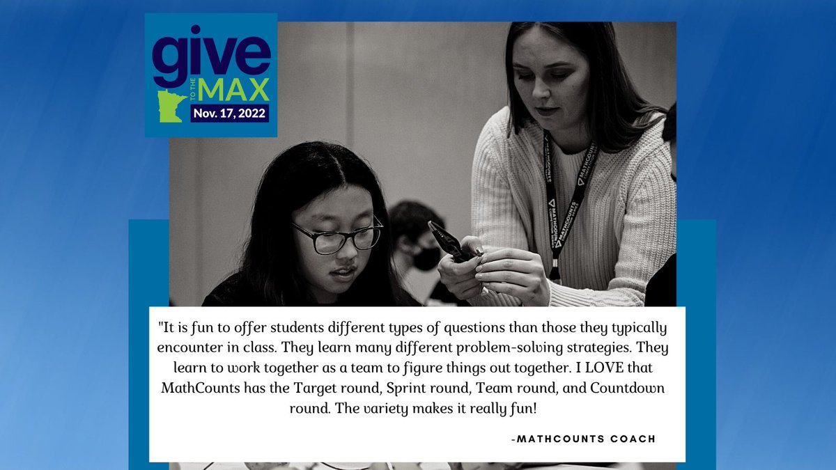 Why donate today? Your donation today helps us finalize budgeting and plans for the 2023 winter MATHCOUNTS season, and help us best serve Mathletes across the state.

givemn.org/story/Math2023