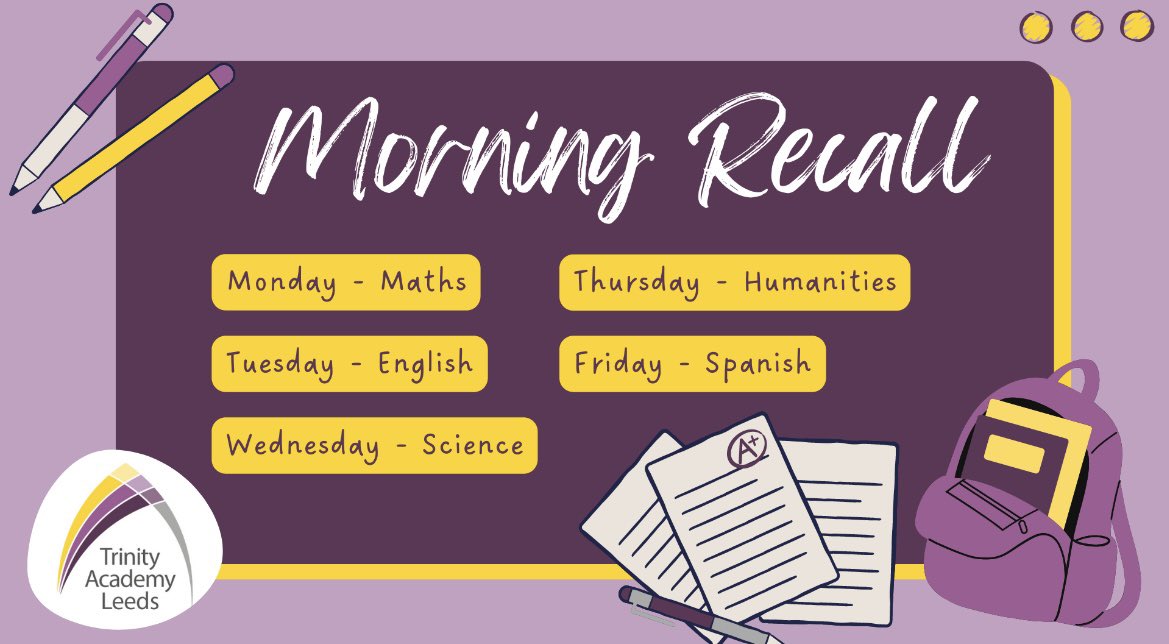 TrinityAcademyL's tweet photo. Every morning, every lesson, every scheme of learning! We love recalling key knowledge at TAL. #cognitiveloadtheory #longtermmemory #mastersofrecall ๐๐๐ง https://t.co/ss8u4CfJ9V