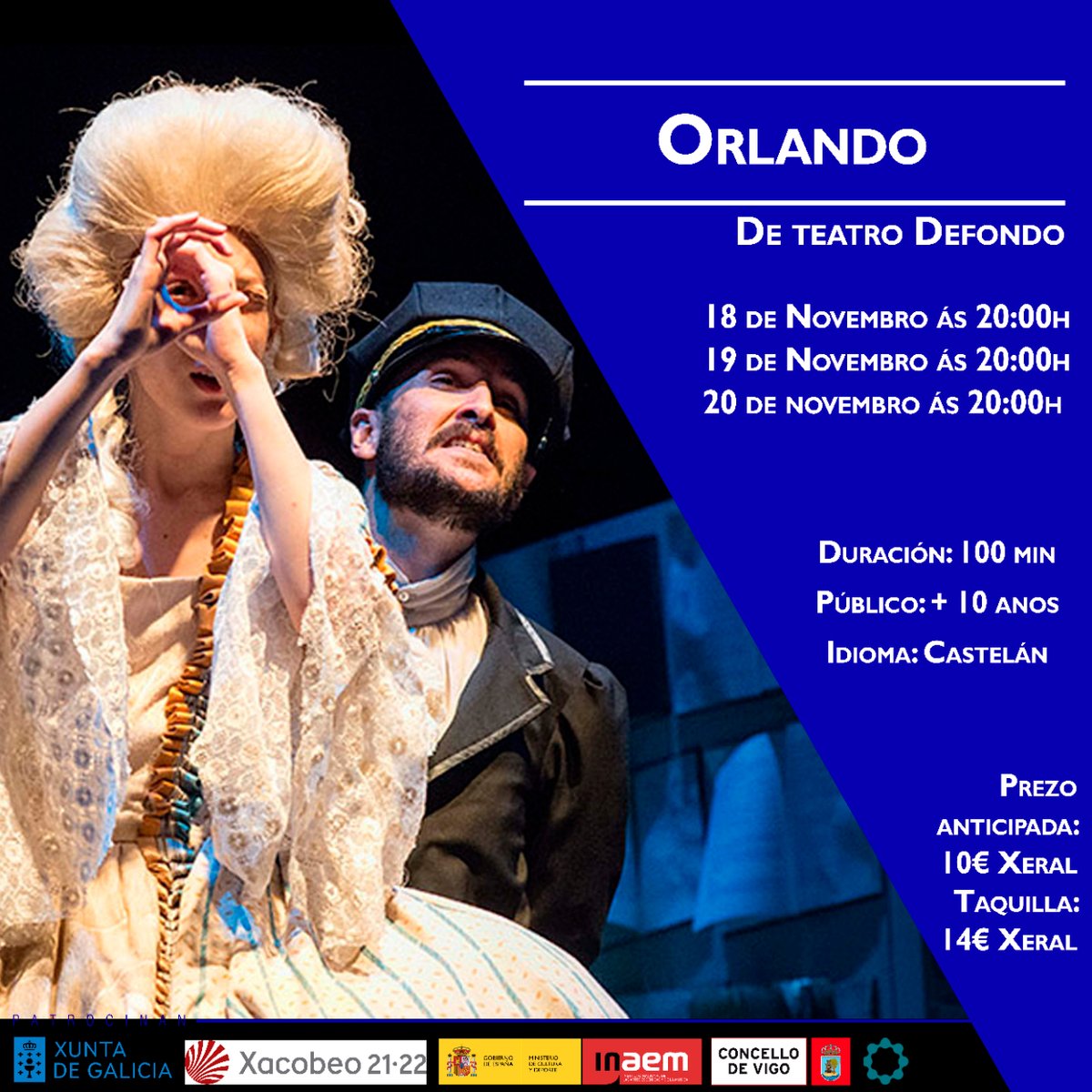Orlando, obra cume de Virginia Woolf, estará esta fin de semana na Sala Ártika da man da compañía madrileña Teatro Defondo.

Venres 18, sábado 19 e domingo 20 ás 20:00h
Faite coa túa entrada:
my.mtr.cool/gcmkaepfxy

#vigocultura #artikavigo  #NextGenerationGalicia #PRTR
