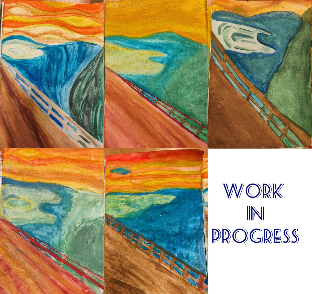 ✨Work in progress✨ some of my very talented year eights have been working very hard on their backgrounds based on Edvard Munch's "The Scream" painting! Excited to see them finished! #talentedlearners #artistsatwork #TheScream <a href="/MaestegSchool/">Maesteg School</a>