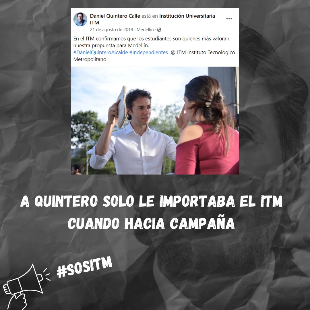 Ivan_RiveraM's tweet photo. De candidato @QuinteroCalle repartía volantes en el ITM y nos prometía que seriamos el motor de la transformación educativa de la ciudad, hoy como alcalde nos reduce el presupuesto para el próximo año. 

¿Quintero dónde está la plata de la educación?

#SOSITM 
#MedellínSinFuturo https://t.co/P90QqINwmE