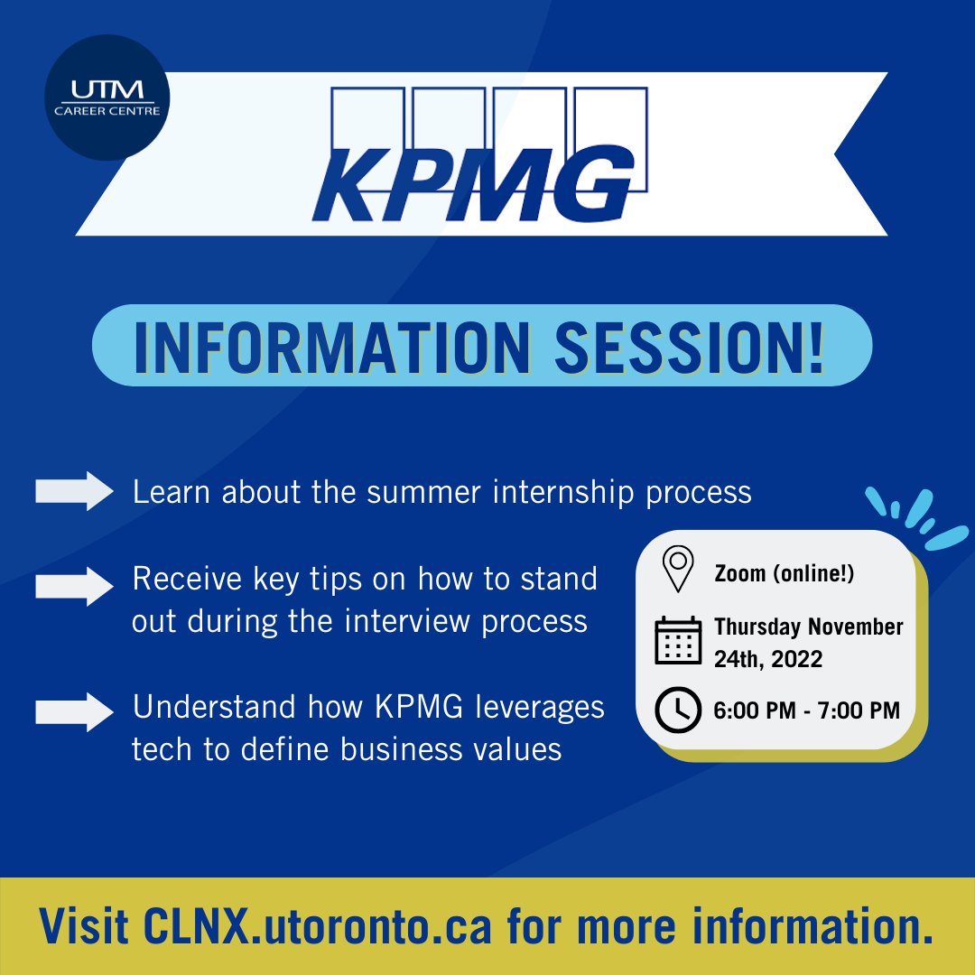 UTMCareerCentre's tweet photo. 🚨 Calling all students looking for summer internships! 🚨

Interested in technology, data analytics, or digital transformation? Want to learn more about how KPMG defines business values and drives innovation?

Join us on Thursday November 24th from 6:00 PM to 7 PM EST on Zoom! https://t.co/vbT3VzNcKd