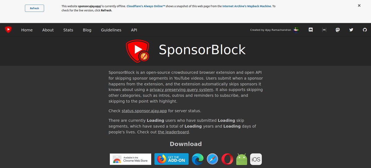 FoxFlimsy's tweet photo. #sponsorblock website and addon is offline. https://t.co/oES3zRCQ4C