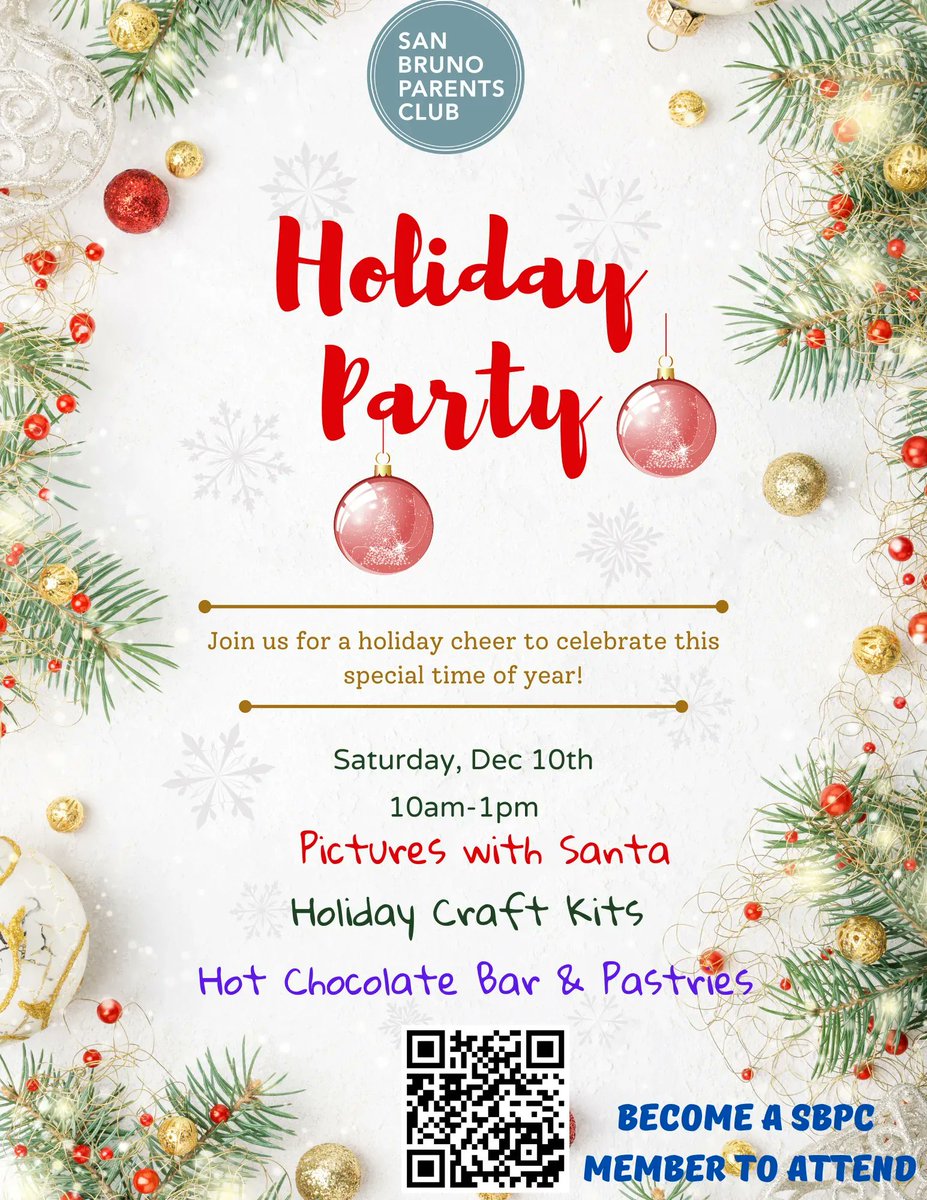 SanBrunoParents's tweet photo. Come to join Holiday Party held by San Bruno Parents Club on Dec 10th. If you are a  member of the  San Bruno Parents Club, you can RSVP at Tinyhood; If you are not yet a  member, this is a  good opportunity to join and enjoy our 10+free events during the year! https://t.co/sYrs81bjok