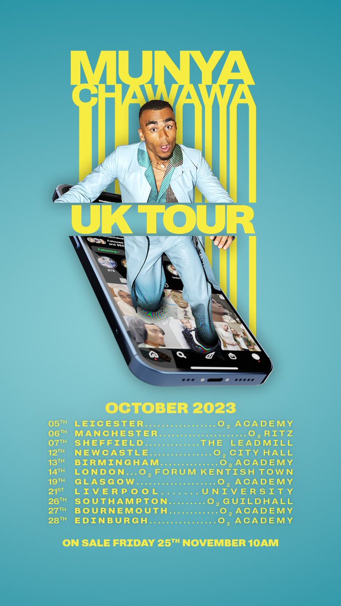 munyachawawa's tweet photo. I’m finally heading off your screens and into your cities for my first live tour! 🏃🏽‍♂️💨 ⁣
⁣
Tickets live on Friday 25th November &amp; pre-sale on Wednesday 23rd via @LiveNationUK 🥳🤌 Set those reminders 🚨 https://t.co/sDWVBcTWgd