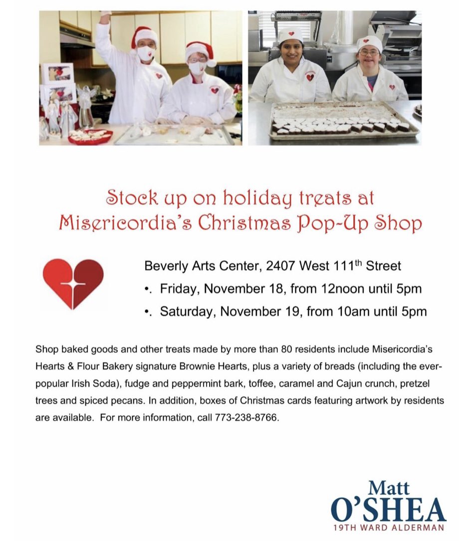 mattoshea19's tweet image. Misericordia will return to the 19th Ward this Friday &amp;amp; Saturday for their annual Christmas Pop-Up Store. They will be open for business on Friday, 11/18, 12:00-5:00pm and Saturday, 11/19, 10:00am-5:00pm. @heartofmercy @BevRevNews @stcajetanschool @ChicagoCAPS22 @bapa_org