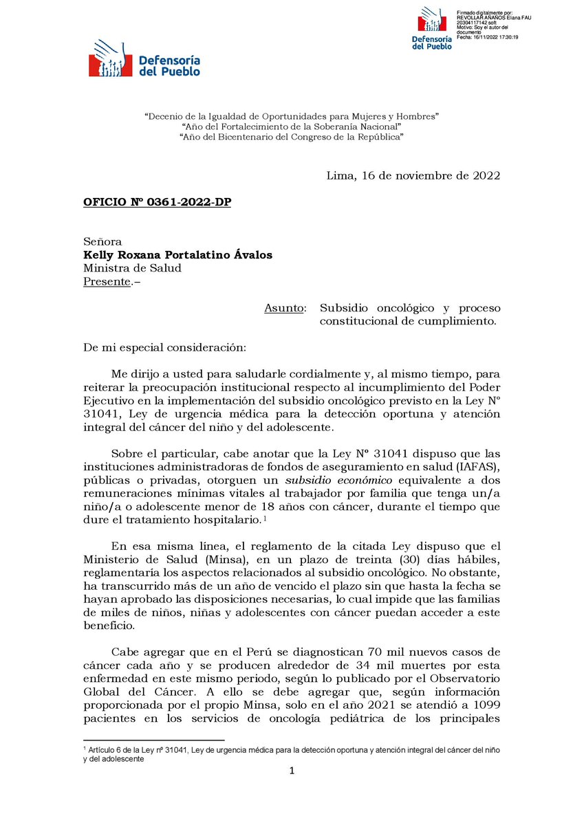 Defensoria_Peru's tweet photo. Reiteramos pedido a @Minsa_Peru y @EsSaludPeru para que cumplan con la reglamentación e implementación del subsidio oncológico previsto en la Ley de Cáncer Infantil. El plazo para su reglamento venció hace 12 meses, sin que se aprueben disposiciones necesarias. (1/2) https://t.co/ZLsMBHzKtN