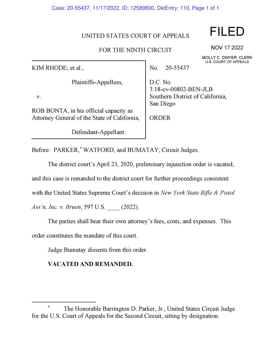 2Aupdates's tweet image. NEW: Rhode v. Bonta (9th Circuit): Ninth Circuit vacates and remands lawsuit challenging California ammunition background check law in light of Bruen. Judge Bumatay dissents.