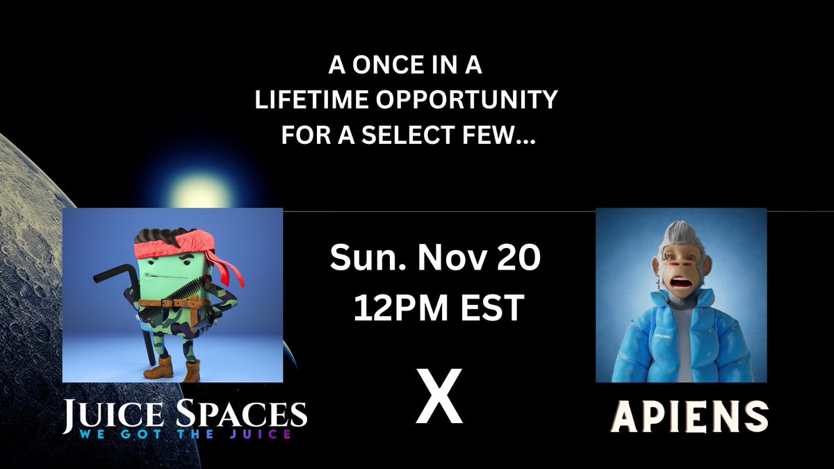 🚨 HUGE NEWS 🚨

We are excited to announce our official partnership with <a href="/TheApiens/">The Confluence Universe</a> 🤝 

Join us to win some AWESOME #Giveaways, as we discuss everything Juice Spaces, THE ROYALS &amp; the HOTTEST ALPHA🚀

x.com/i/spaces/1YqGo…

🗓 Sun 20 Nov || ⏰ 12PM EST

🛎RSVP

Like + RT✅