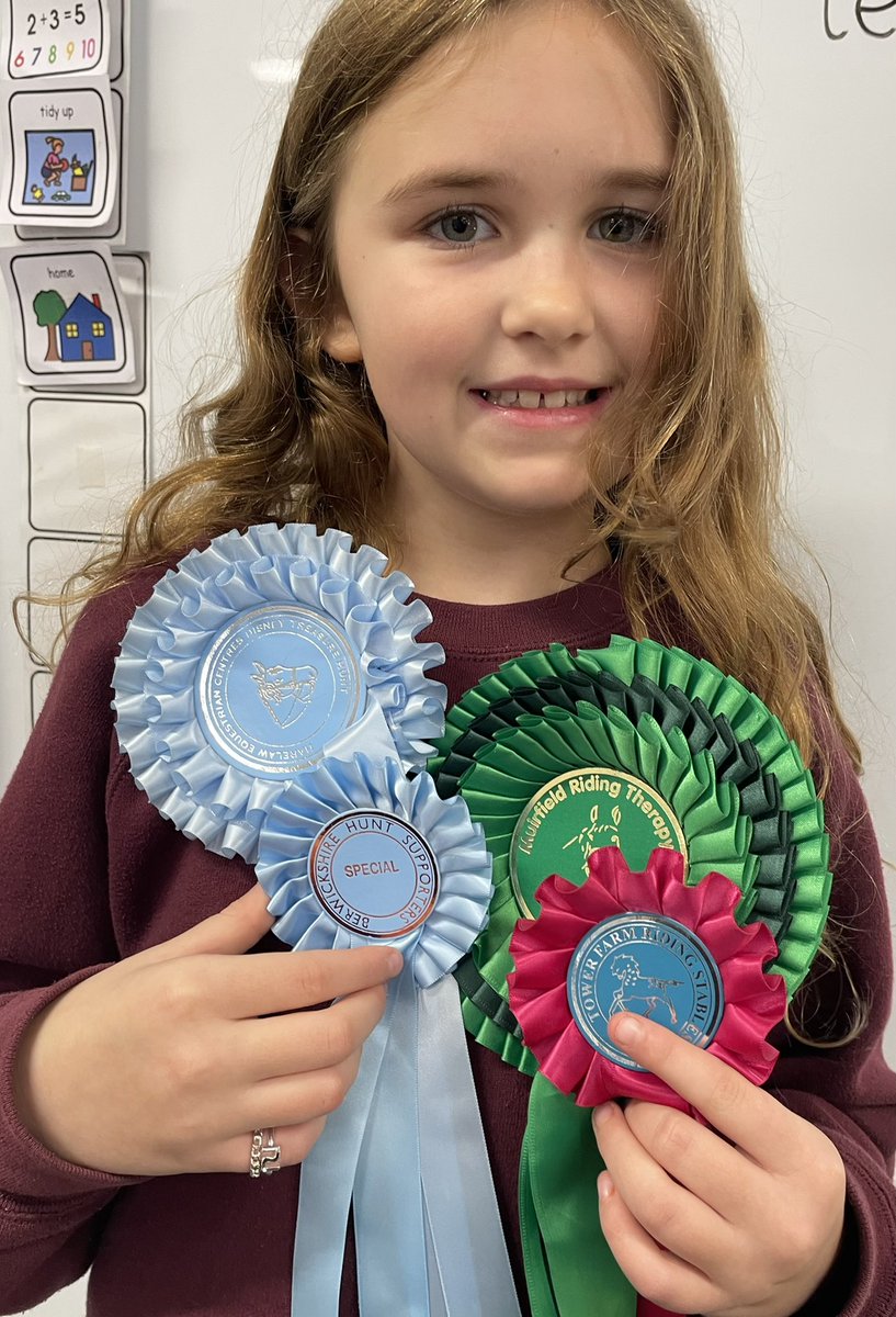 MissLunn4's tweet photo. I love hearing about achievements outside of school too! M brought her horse riding rosettes in to show us on Wednesday. Amazing effort M, well done! #achievements #proud @stdavidsPS_ELC https://t.co/SrbGlIiIGR