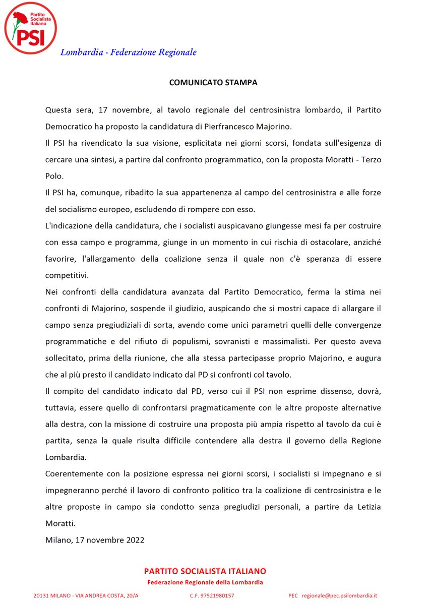 PSI Lombardia: su Majorino giudizio sospeso. Aspettiamo che si presenti al tavolo e illustri il suo impegno per l'allargamento della coalizione.
#PSILOMBARDIA