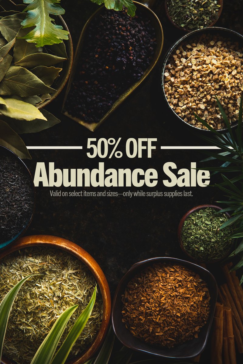 Reinvigorate your #SpiceRack and stock up on #Herbal ingredients! mrh.life/Abundance
*Valid on select items and sizes, only while surplus stock lasts. Cannot be combined with other discounts, promotions, or wholesale pricing. Cannot be applied to previous orders.