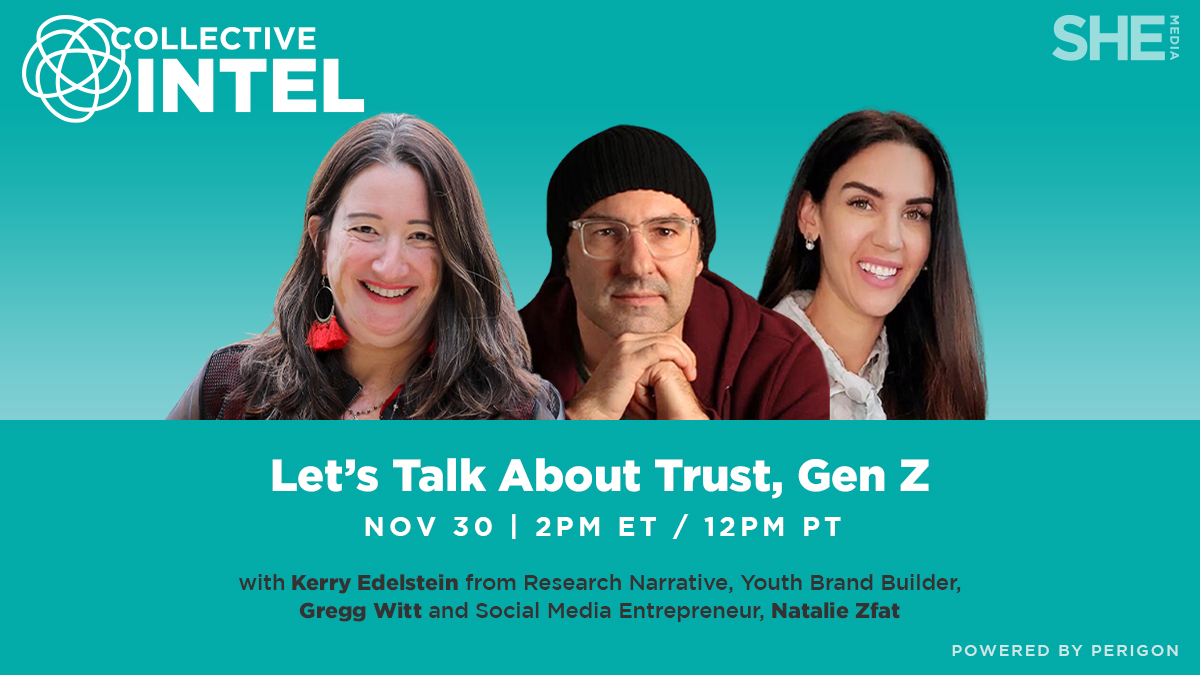 SheKnowsMedia's tweet photo. We’re looking forward to insights from @ResearchKerry of Research Narrative. & @thinkwithwitt, author of The #GenZFrequency during this month’s Collective Intel session, Let's Talk about Trust, #GenZ hosted by
@NatalieZfat on Wed., Nov 30 at 2pm ET. RSVP:https://t.co/3JPBDsnxAQ https://t.co/DZd42hfsiM