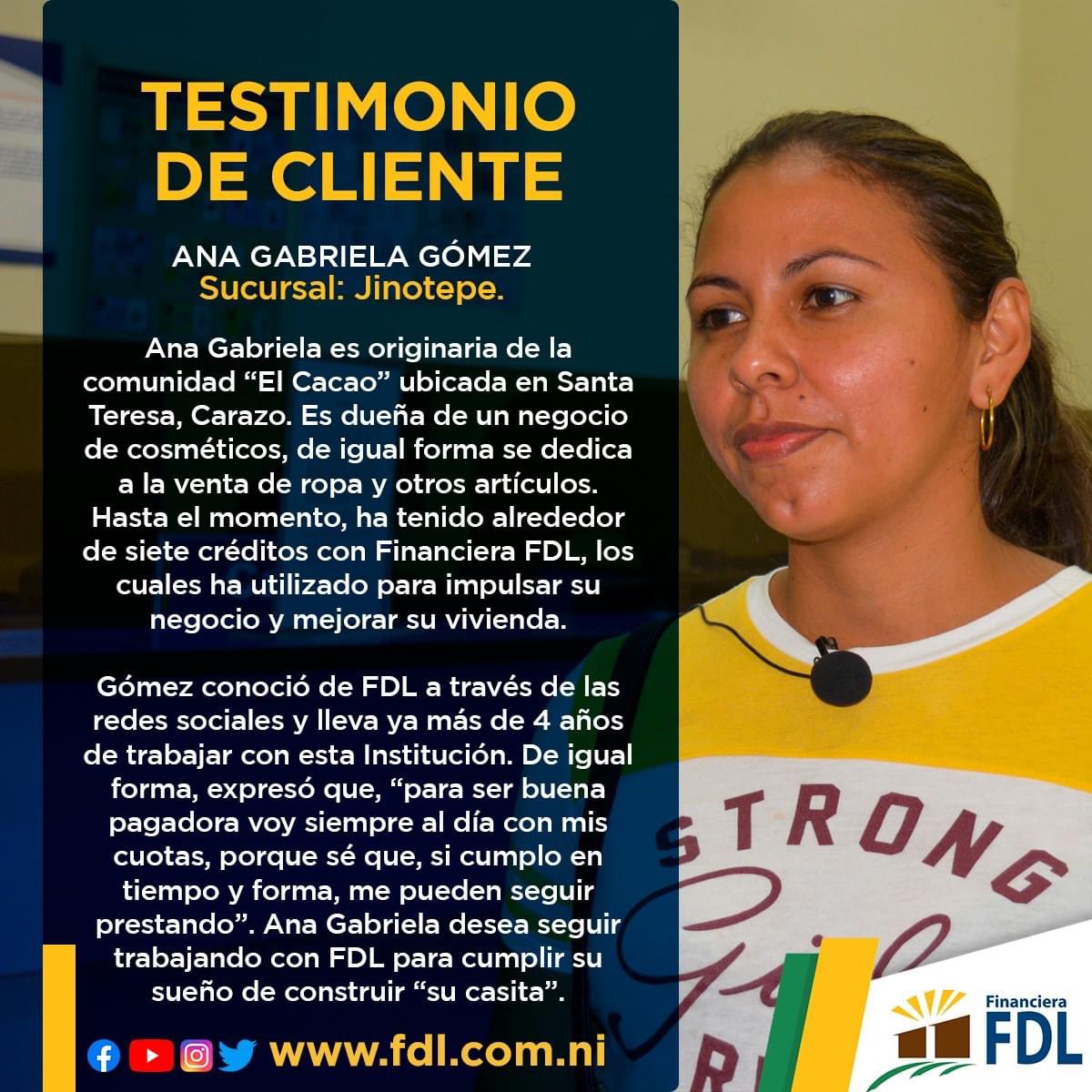 financierafdl's tweet photo. Testimonio de cliente 📋
Nombre: Ana Gabriela Gómez
Sucursal #FDL: Jinotepe
Adquiere tu crédito para capital de trabajo y mejora de vivienda:
☎️ 1801 7777
📱 8415 0126
#TestimoniosFDL #NoticiasFDL https://t.co/YLWe1ky68j