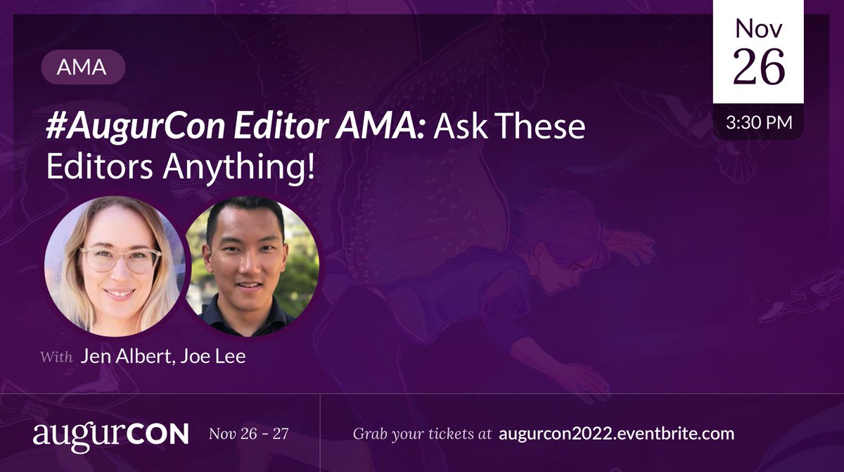 How do books get acquired?
And what happens AFTER—between sale and publication?

Join Editors <a href="/jenralbert/">Jen Albert</a> (ECW) and Joe Lee (McClelland &amp; Stewart) &amp; they'll answer your burning questions.

Plan your #AugurCon2022: augurcon.com
Grab your ticket: augurcon2022.eventbrite.com