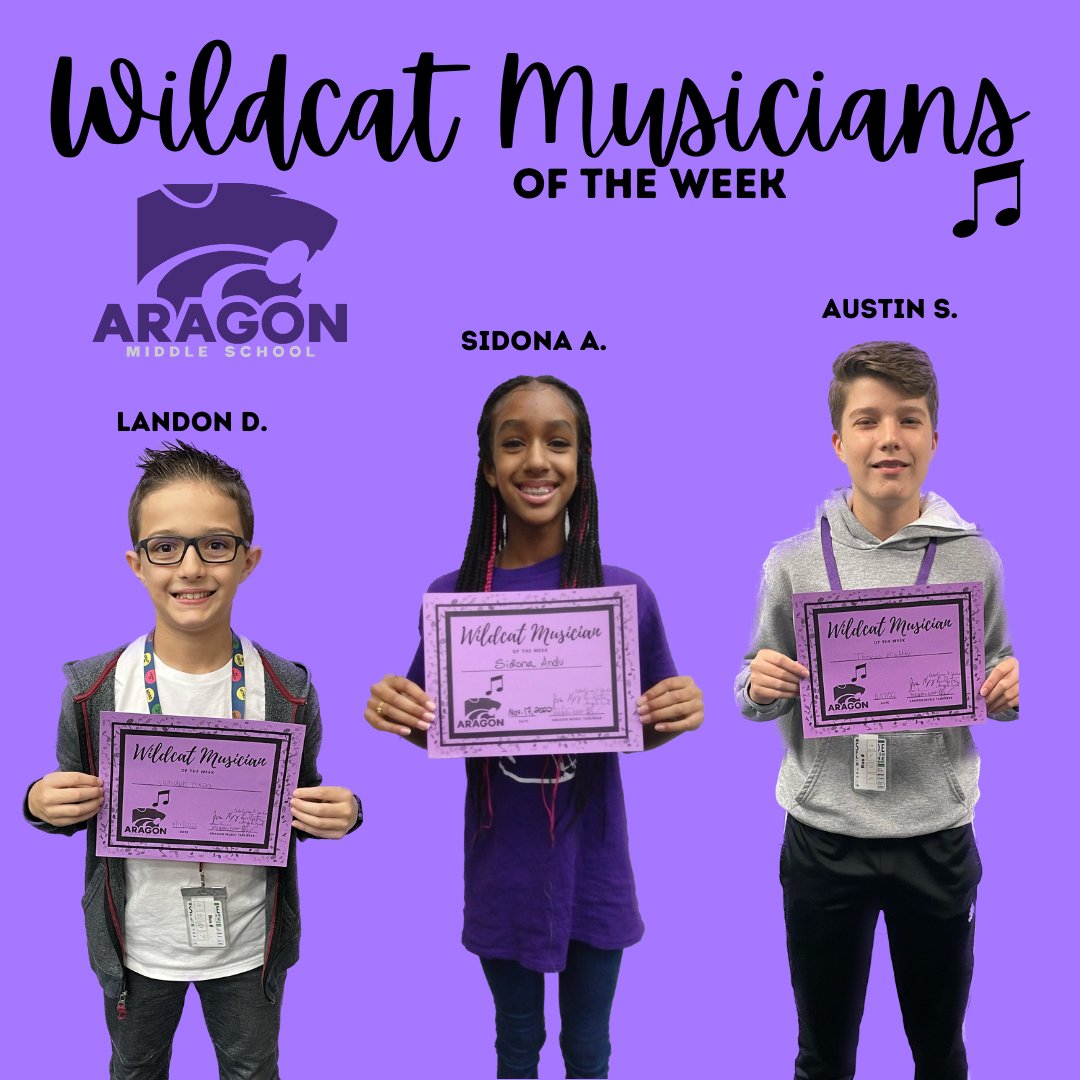 AragonWildcats's tweet photo. "Music is the universal language of mankind" - Henry Wadsworth Longfellow. We're proud of our #WildcatMusiciansOfTheWeek Landon, Sidona, and Austin. Thanks for your #WildcatExcellence @aragonmsband @aragonorchestra @aragonchoir https://t.co/1iRZZS5GKA
