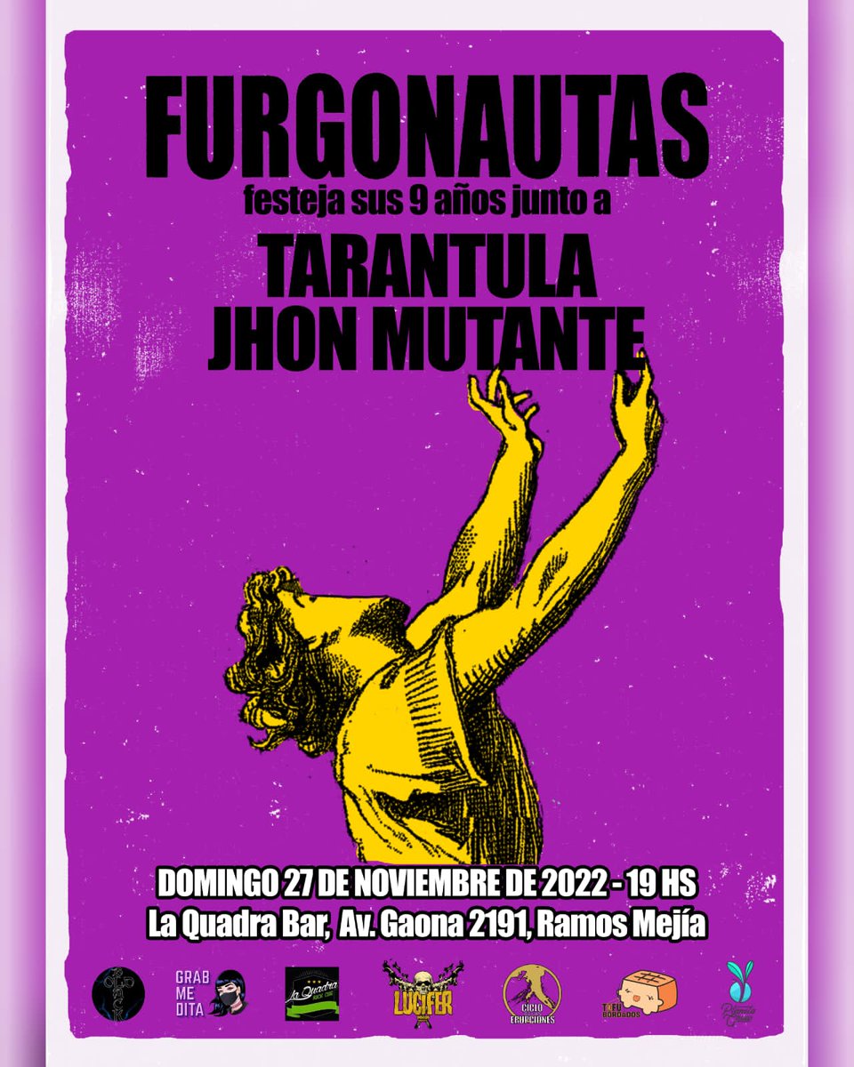 Buenas buenas !
Vamos a estar acompañando en el festejo de sus 9 años 
A <a href="/Furgonautas/">Furgonautas</a>
Y estaran compartiendo escenario <a href="/LosTarantula/">LosTarantula</a>

Todo esto tempranito 20 hs el 27 /11 en <a href="/LaQuadra/">La Quadra</a> #RamosMejía 

Entradas por md!
Baratitas.

Nos vemos en esa.

#stonerrock #stoner #grunge #power