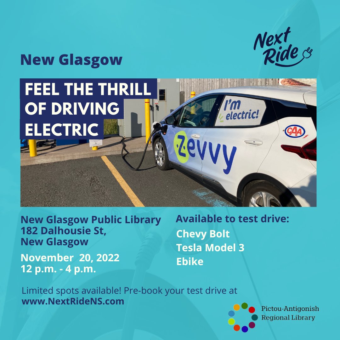 Next Ride will be @ New Glasgow Library Nov. 20 12-4pm. You can book your test drive in a Chevy Bolt or Tesla Model 3, or try out an E-Bike. 🚗
Chevy Bolt: bit.ly/3ULii8r
The Tesla appointments are currently full, you can join the waitlist here: bit.ly/3EH7OBu