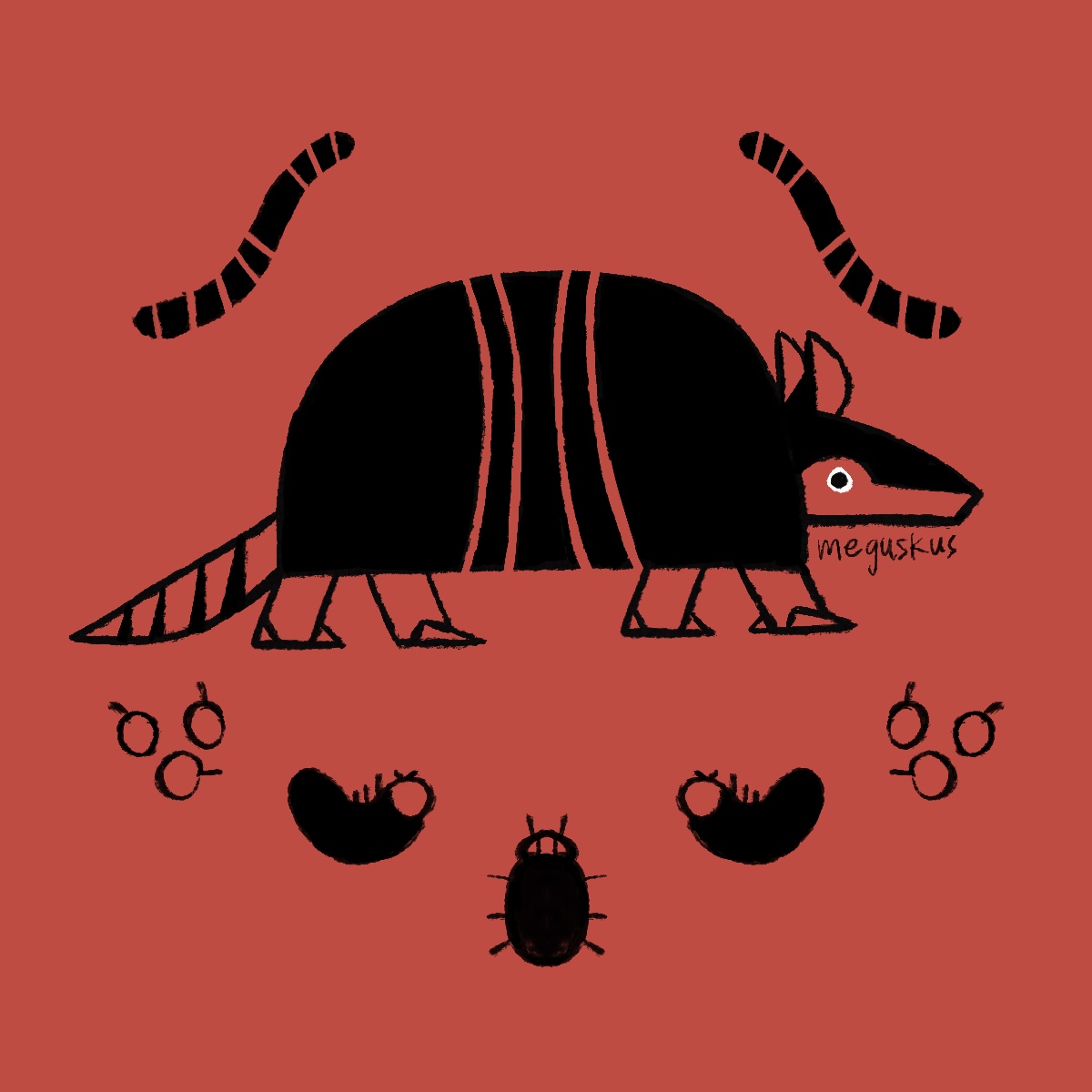 Armadillo with his favorite snacks. Trying out a more graphic style