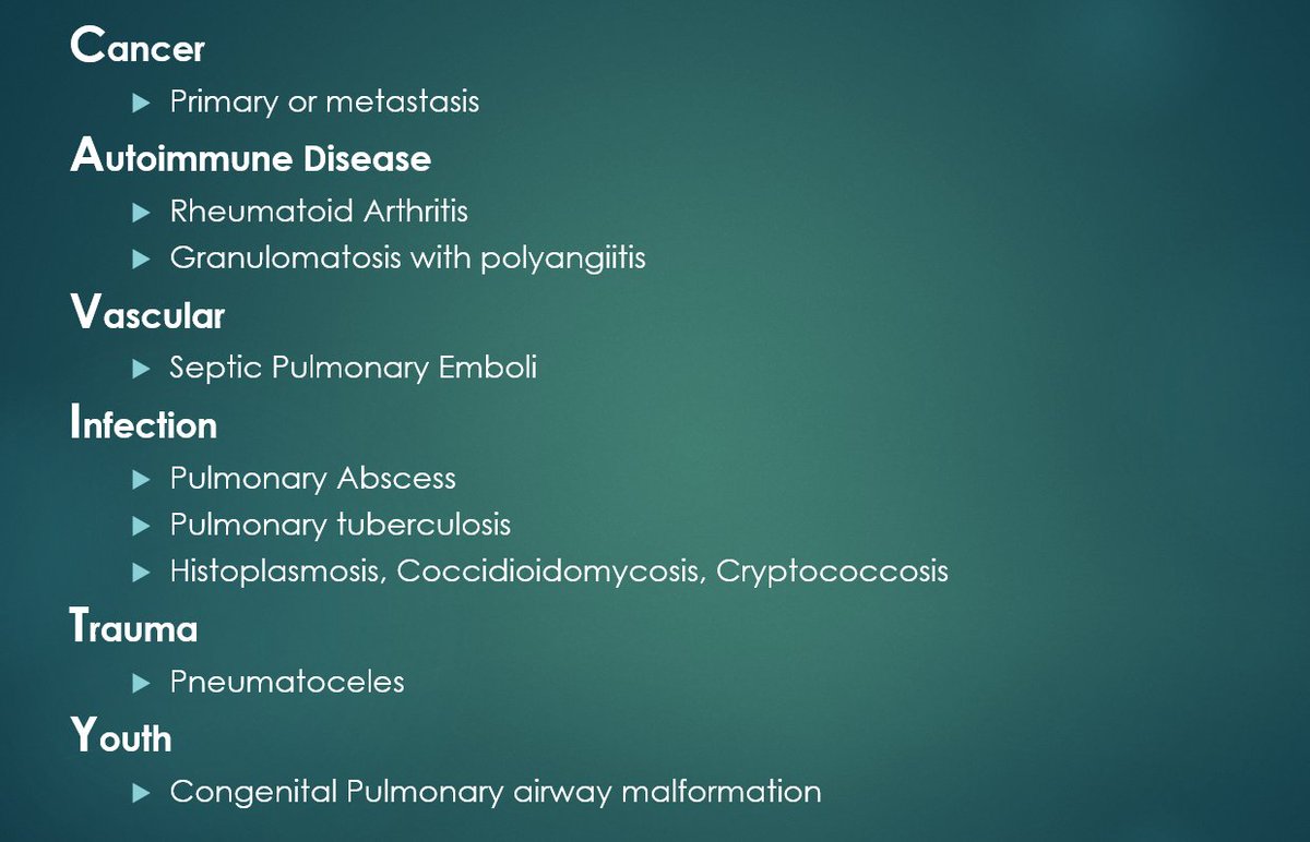 Use the CAVITY mnemonic for the differential diagnosis of pulmonary cavitary lesions. #EMConf #FOAMed