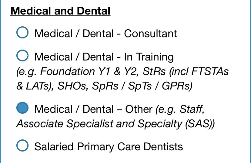 Every year this Qn frustrates me… 
I’m not an ‘other’. I’m #SAS, a very significant group of doctors making up between 20-30% of the permanent medical workforce. 
Please can this be changed @PickerIns  @NHSEmployers @NHSEngland 
#nhsstaffsurvey @SASByChoiceUK @ElliePattinson9